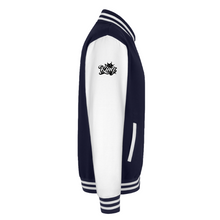 Navy Blue men’s divine dominion heavyweight varsity jacket right-side view showing sleeve crown logo and striped ribbed trim detail