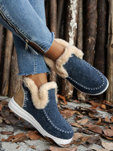 Model front angle wearing the navy Furry Suede Round Toe Flat Sneakers