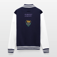 Navy women’s queen lioness heavyweight varsity jacket back view showing lioness graphic and fearlessly authentic text