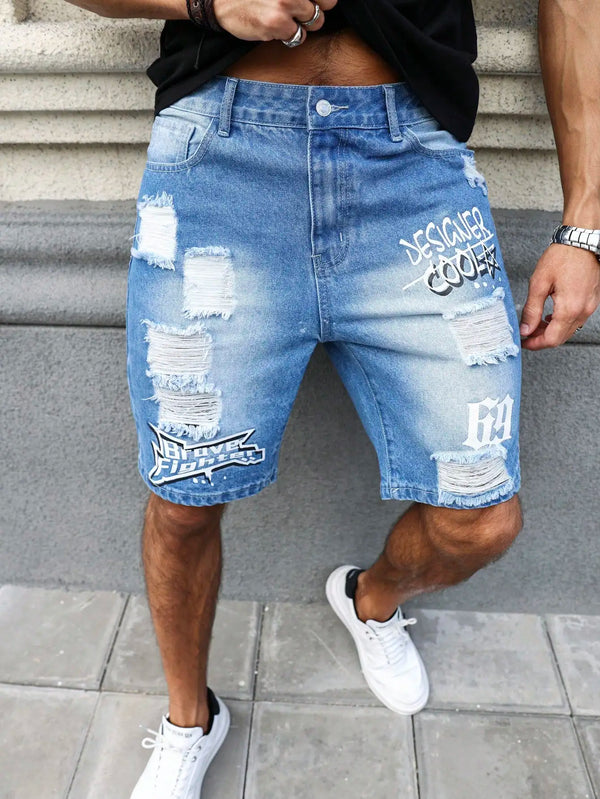 Men's blue ripped text logo printed denim shorts front view on model.