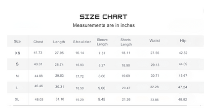 Size chart for Paris Crest O-Neck Short Sleeve Shirt and Shorts Pair measurements in inches