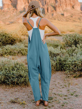 Model showing back view of Onvaira V-neck sleeveless jumpsuit in Azure.