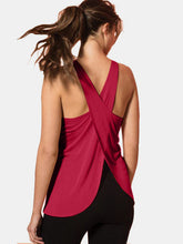 Deep red Crisscross back design on Optima Stride Chill Tank  on model.