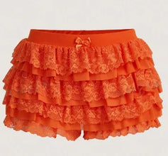Orange Lacéra Bloom Women’s Ruffle Lace Bow Shorts with layered ruffles and decorative bow, front view