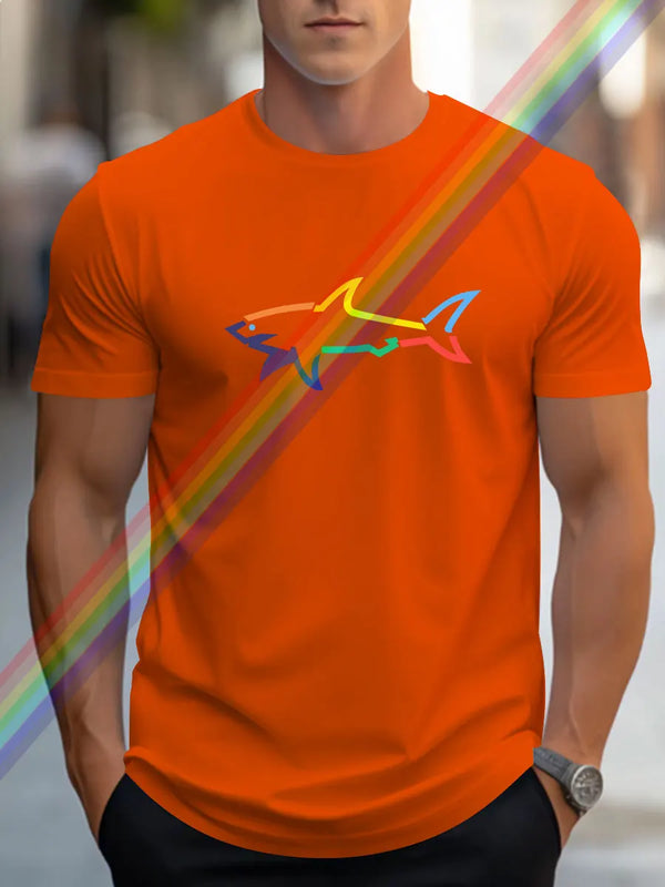 Model front view in orange SharkWave Spectrum tee