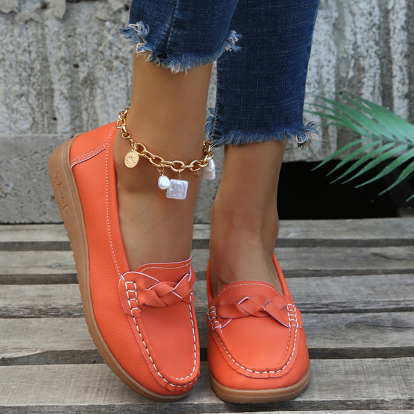 Orange-Red Weave Wedge Heeled Loafers front angle