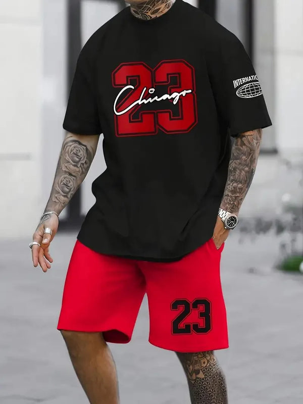 A man wearing a oversized deep red Orrik 3D Printed Motion Set with 'Chicago' text and red shorts with the number '23' on them.