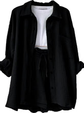 Own Your Lane Luxe Set in black, front view showing button-up shirt and shorts set.