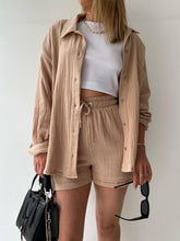 Own Your Lane Luxe Set in camel, front view of two-piece button-up shirt and shorts set.