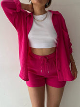 Model styled in deep rose Own Your Lane Luxe Set, front view.