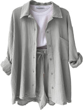 Own Your Lane Luxe Set in light gray, front view of laid-out textured shirt and drawstring shorts.