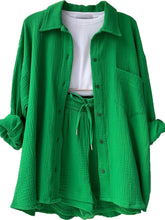 Own Your Lane Luxe Set in mid green, front view with button-up top and drawstring shorts.