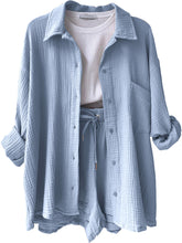 Own Your Lane Luxe Set in misty blue, front view showing relaxed-fit shirt and shorts.