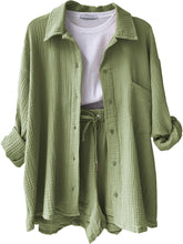 Own Your Lane Luxe Set in sage, front view displaying soft textured shirt and shorts.