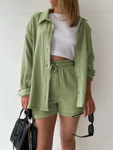 Own Your Lane Luxe Set in sage, front view displaying soft textured shirt and shorts.