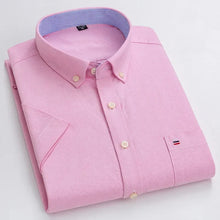 Folded front view of men’s pink Prestige Stripe Plaid Oxford short sleeve button-down shirt