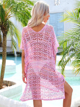 Pink Azalyra openwork V-neck cover-up back view poolside