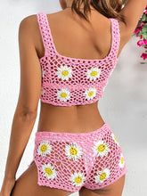 Pink Flower Cutout Two-Piece Cover Up back view showing tied back crop top and airy side-slit shorts.