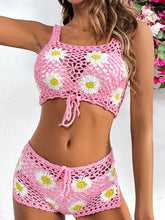 Pink Flower Cutout Wide Strap Two-Piece Cover Up front view with white crochet flowers and breezy side-slit shorts.