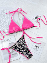 Pink leopard print halter neck tie side bikini set back flat lay view
