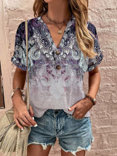 Model styling pink purple Printed Notched Blouse with wide-leg pants