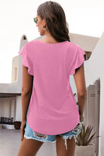 Pink ruffled round neck cap sleeve blouse back view