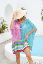 Pink Valenyra openwork contrast cover-up styled with straw hat front view poolside
