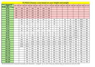 Size chart for polo shirts based on height and weight.