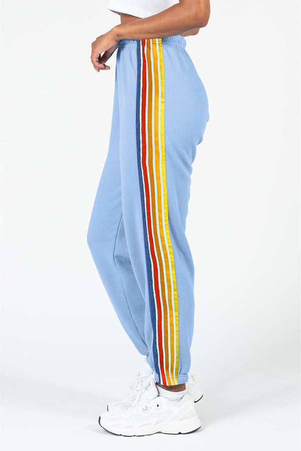 PrismFlow Active Pants light blue side view showing contrast stripes and tapered leg