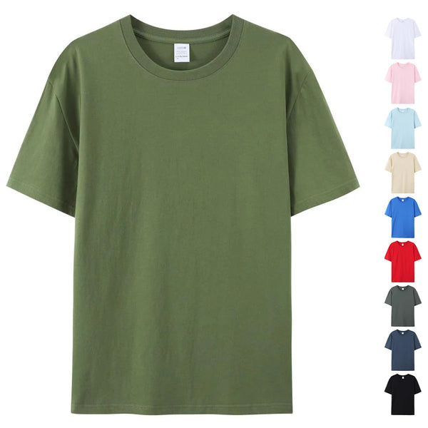 Front view of PureForm Luxe Cotton Tee in army green with small preview thumbnails of all available colors
