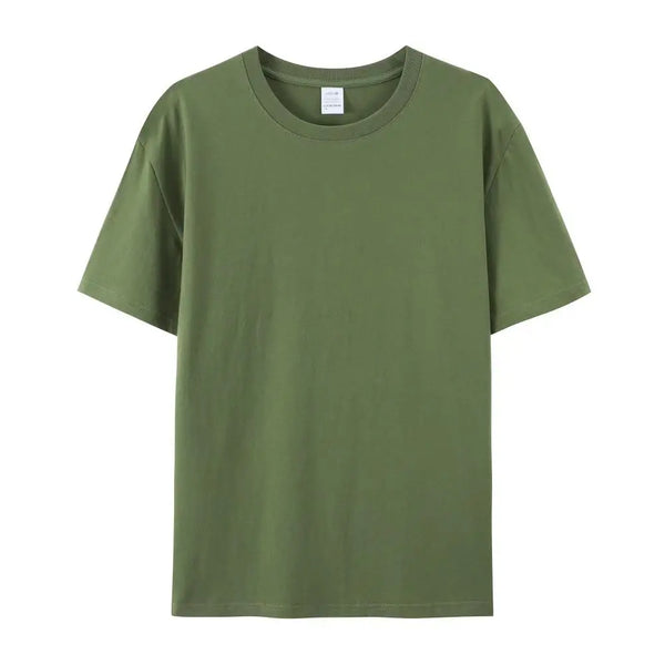 Front view of PureForm Luxe Cotton Tee in Army Green showing classic round neck and clean minimalist design.