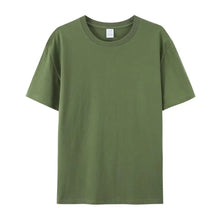 Front view of PureForm Luxe Cotton Tee in Army Green showing classic round neck and clean minimalist design.
