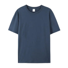 Front view of PureForm Luxe Cotton Tee in Navy Blue showing classic round neck and clean minimalist design.