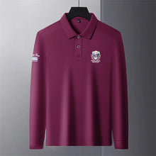 Front view of purple Equestrian Crest Designer Polo on hanger.