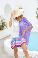 Purple Valenyra openwork contrast cover-up styled with straw hat front view poolside