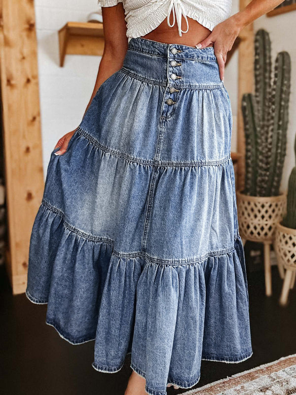 Front view of Raventa Tiered Button-Fly Denim Skirt in medium blue