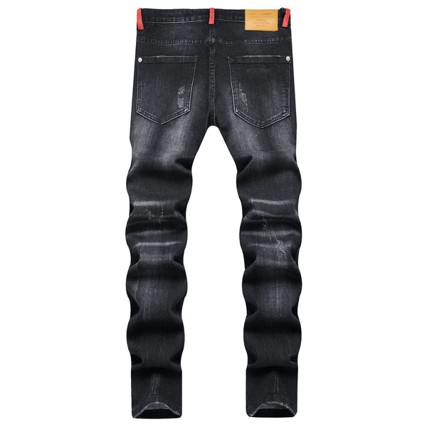 Back view of Ravexen Patchwork Distressed Straight Jeans in black, showing back pocket details and destroy-washed finish.