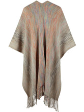 Back view of khaki Heathered Fringe Hem Poncho, highlighting the heathered finish, multicolor accents, and fringe trim detail along the hemline.