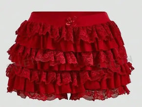 Red Lacéra Bloom Women’s Ruffle Lace Bow Shorts with layered ruffles and decorative bow, front view