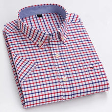 Folded front view of men’s red Prestige Stripe Plaid Oxford short sleeve button-down shirt