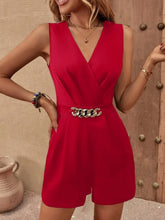 Model wearing red Chain Decor Sleeveless Romper front view.