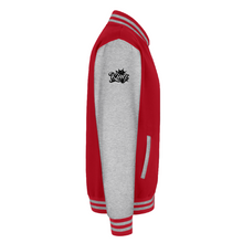 Red men’s divine dominion heavyweight varsity jacket right-side view showing sleeve crown logo and striped ribbed trim detail