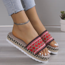 Red Open Toe Platform Sandals with a silver anklet with light blue jeans highlighting woven design, side view.