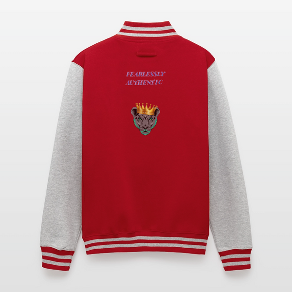 Red women’s queen lioness heavyweight varsity jacket back view showing lioness graphic and fearlessly authentic text