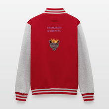 Red women’s queen lioness heavyweight varsity jacket back view showing lioness graphic and fearlessly authentic text