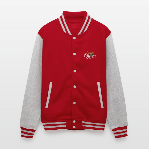 Red women’s queen lioness heavyweight varsity jacket front view showing crowned logo and striped ribbed trim