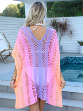 Back view of red-violet Coastal Spectrum openwork contrast V-neck cover-up showing lightweight openwork knit and flattering fit