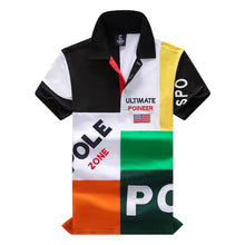 Front view of RegaliaSport Elite Multi-Color Embroidered Polo in Orange showing color-block design, black collar, and multicolor placket.