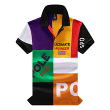 Front view of RegaliaSport Elite Multi-Color Embroidered Polo in Purple showing color-block design, black collar, and multicolor placket.