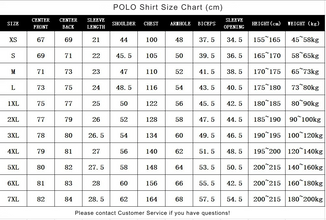 POLO shirt size chart in centimeters with measurements for various sizes.